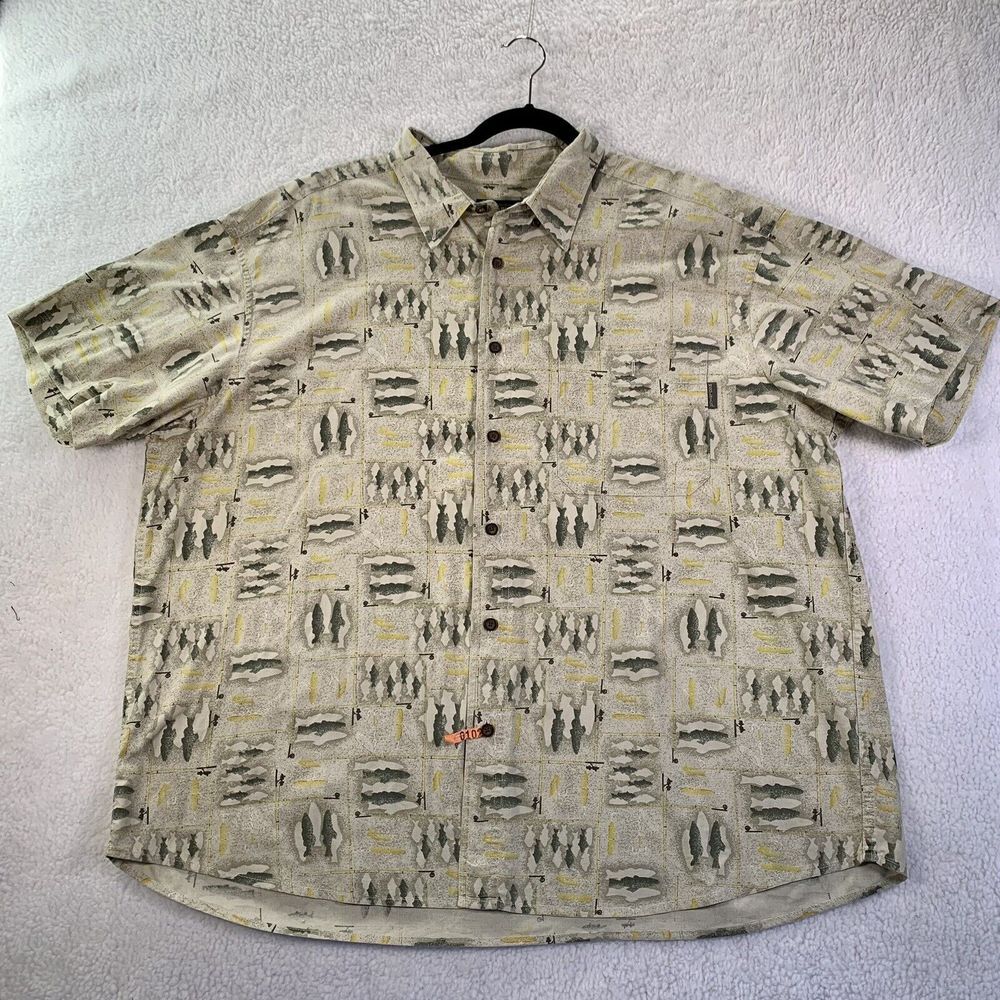 Woolrich‎ Fish Pattern SizeXL Short Sleeves Tan Gray Yellow Fish Design Outdoor